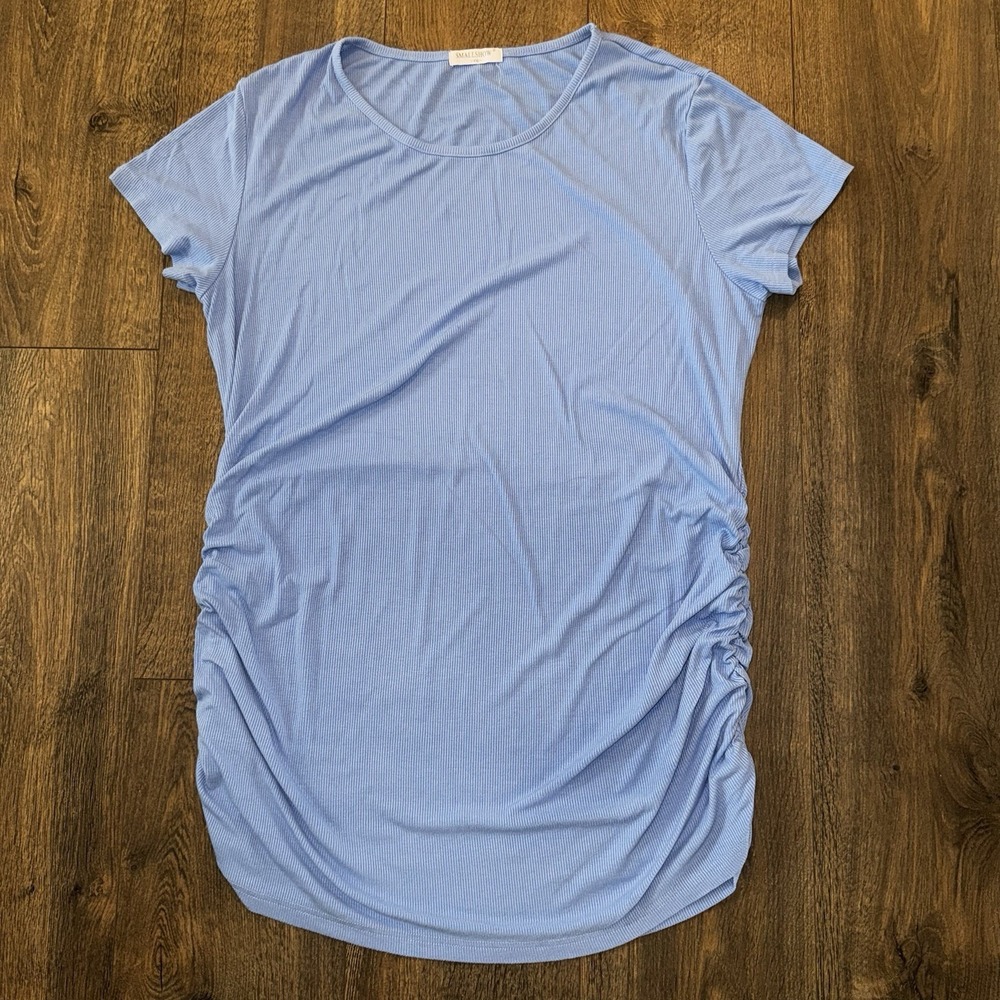 Smallshow Ribbed Short Sleeve T-shirt Women's XXL(fits L) Ruched Sides Blue